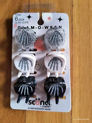Scunci Glam-O-Ween Skeleton Hands Claw Clip 6 Pcs Halloween Sparkle Hair Clamp • $5.39