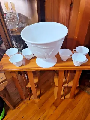 Vintage Indiana Glass Milk Glass Punch Bowl And 7 Cups • $35