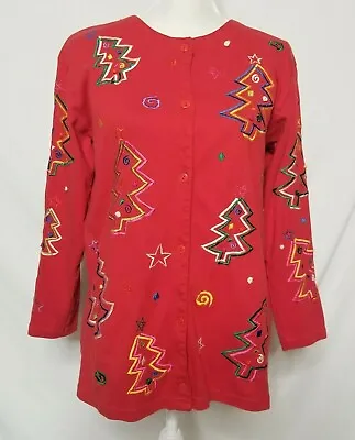 Michael Simon Lite Womens S Cardigan Sweater Embroidered Christmas Trees Red • $24.99