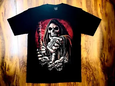 T-Shirt Glow In The Dark Grim Reaper Killer Skull Scythe Mens Black Size L • $35.99