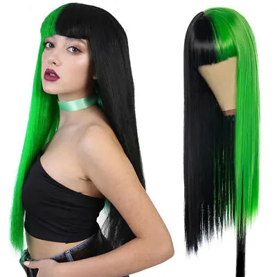 Women Wig Half Green Half Black Synthetic Long Straight Wigs With Bangs Soft  • $18.04