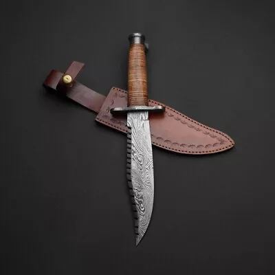 Large Handmade Damascus Bowie Knife Leather Handle W/Sheath • $126.99