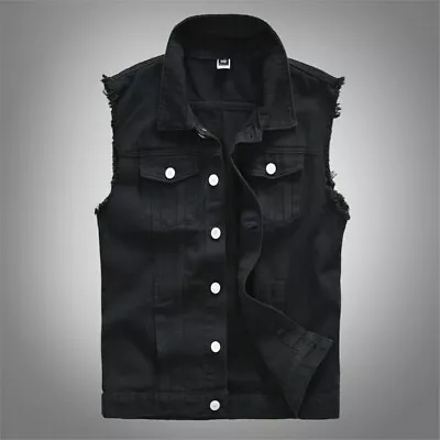 Mens Denim Biker Waistcoat Gilet Jeans Vest Tops Ripped Sleeveless Jacket • $62.91