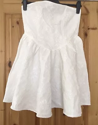 White Strapless Dress Pretty Jacquard Floral Pattern Hen Party Holiday Size L • £15