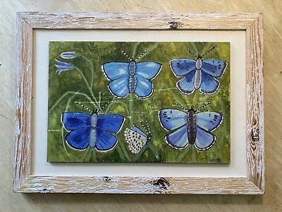 Vintage Shabby Chic Painting Of British Blue Butterflies By VIVIENNE BORROW. • £22.99