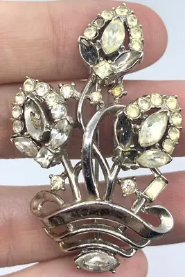 Vintage Alfred Philippe Trifari Clear Rhinestone Flower Basket Brooch AS IS • $28