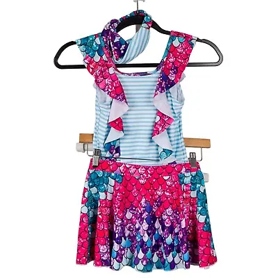 Grace Karin Swimsuit Girls 10 One Piece Skirt Blue Stripe Pink Mermaid Headband • $8.93