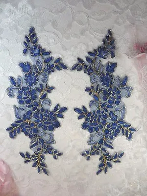 Embroidered Venice Lace Appliques Blue Gold Floral Lace Mirror Pair 10 (DH109) • $4.99