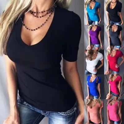 $19.90 • Buy Ladies Summer Tops Deep V Neck T Shirt Women Slim Fit Short Sleeve Holiday Tee