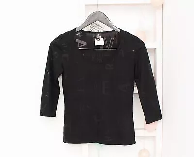 Versace Jeans Couture Blouse Black Scoop Neck Sheer Monogram Logo Print XS • $115.96