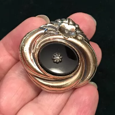 Antique Victorian Sterling And Gold Black Onyx Seed Pearl Mourning Pin Brooch • $19