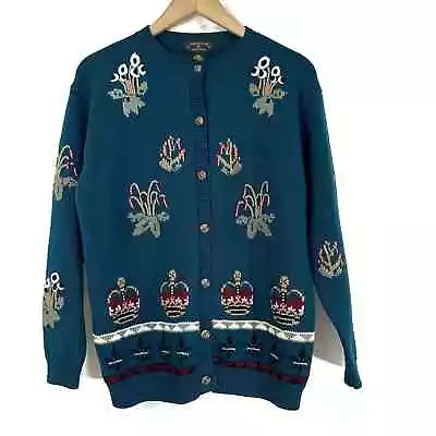 Vintage Charter Club Women's Crowns Teal Wool Cardigan Sweater Medium • $29.95