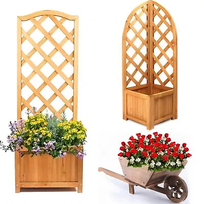 Wooden Garden Wheel Barrow Planter Flowerpot Box Trellis Support Patio Lattice • £12.85