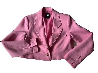 $34.99 • Buy ZARA Linen Candy Color Pink Cropped Jacket Blazer Barbiecore Front Button Sz S