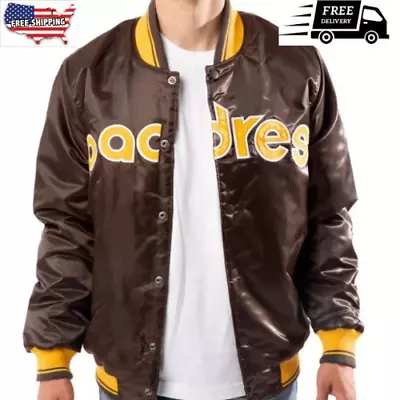 Bomber San Diego Padres Vintage Brown Satin Varsity Baseball Jacket Men Women • $97.99