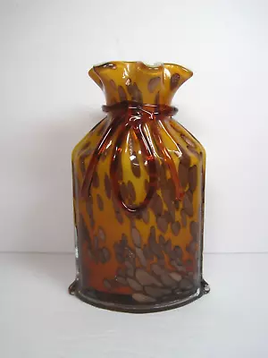 Vintage Art Glass Amber Caramel  Ribbon Tie Bag Vase 7.5  Tall • $10.90