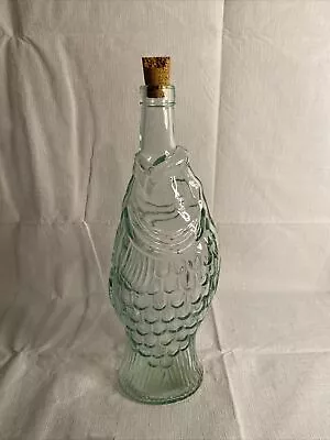 Vintage Lt Green Glass Fish Shaped Italian Wine Bottle Decanter 13  Tall W/Cork • $15