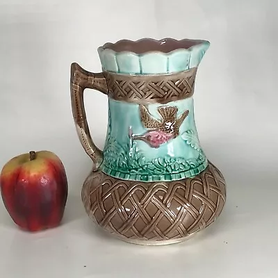 Large 8  Antique Majolica Pitcher W/ Hummingbird Butterfly & Fern  • $150