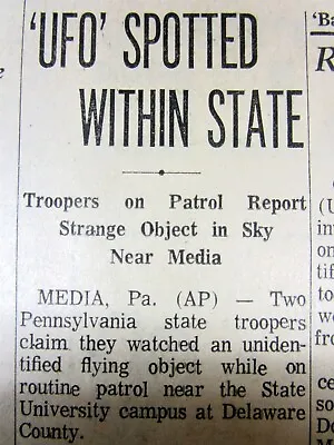 1973 Newspaper UFO / FLYING SAUCER Seen Over MEDIA Pennsylvania By State Police • $30