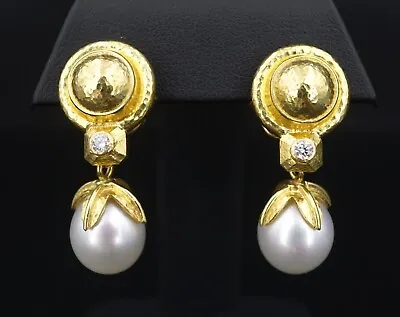 Elizabeth Locke Pearl Diamond Dangle Earrings 19k Yellow Gold Day - Night EG2341 • $4286.44