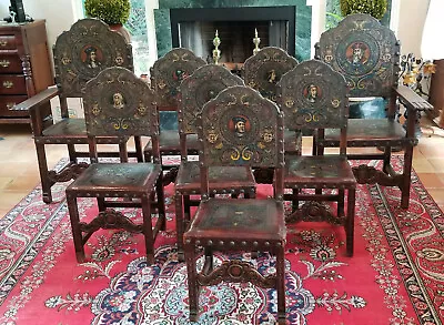 8 ANTIQUE 19c SPANISH HAND TOOLED EMBOSSED PAINTED LEATHER CARVED WALNUT CHAIR • $9800