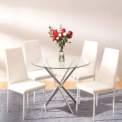 Round Dining Table Chairs Set Tempered Glass Table 4 Faux Leather Padded Chairs • £65.95