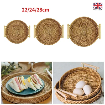 £8.24 • Buy Handwoven Rattan Storage Tray With Handle Round Wicker Food Plate Fruit Basket