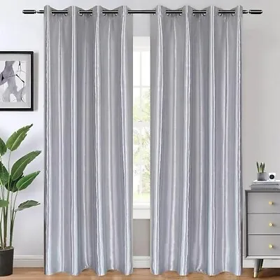 Silver Metallic Curtains For Living Room 2 Panels 84 Inch Length Silver Satin • $24.99