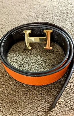 $679 • Buy Hermes Belt + Gold Buckle: Orange On Black
