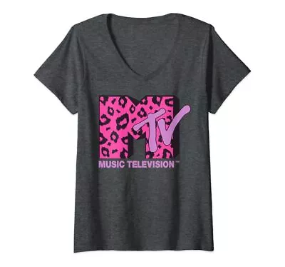Womens MTV Logo Pink Leopard Print V-Neck T-Shirt • $13.99