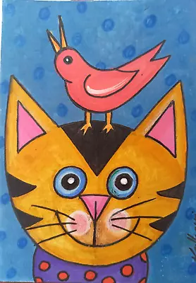 ACEO Bird & Cat Kitty Modern Art Acrylic Painting Art Card Hand Paint • $4.99