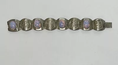 Vintage Sterling Silver Panel Bracelet Aztec Design Foil Art Glass Hallmarked • $45