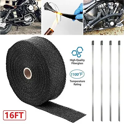 2  ROLL Motorcycle Black Fiberglass Exhaust Header Pipe Heat Wrap Tape + 4 Ties • $12.37