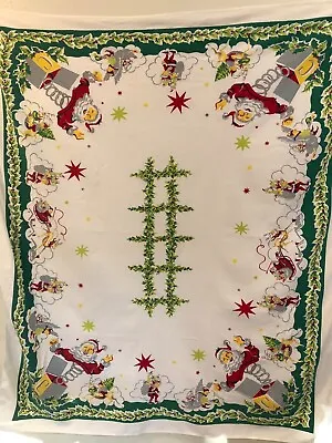 Santa Ho Claus Jack In The Box Reindeer Elves Christmas Vintage Tablecloth 1950 • $157