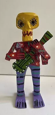 Wooden Day Of The Dead Folk Art Skeleton Playing Guitar Colorful Unbranded • $18