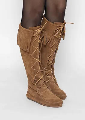 MINNETONKA TAN BROWN SUEDE MOCCASIN FRINGE TASSLE BOOTS SIZE 5 UK 38 Eur 7 USA • £89.99