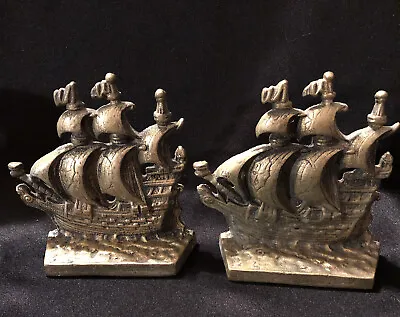 Vintage A Galleon In The Time Of Elizabeth 1558-1603 Ship Bookends Brass Bronze • $35