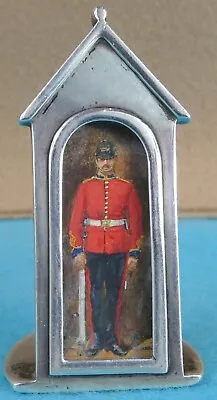 £595 • Buy Rare Sterling Silver Enamel Menu Holder Soldier Sentry Box Sampson Mordan 1907