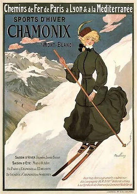 CHAMONIX 1905 Vintage French Skiing Poster Rolled CANVAS ART PRINT 24x32 In. • $57.72