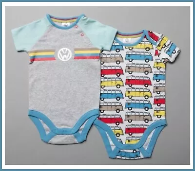 Baby Boys Bodysuit Vests 2 Pack Blue VW Volkswagen Campervan Set 0-12 Months NEW • £12.99