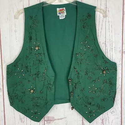 Vintage Sorrel Plus 2X Beaded Embroidered Vest Green 100% Cotton Button Flaws • $23