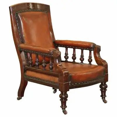 Restored Victorian Mahognay Hand Dyed Brown Leather Library Reading Armchair • $3082.88