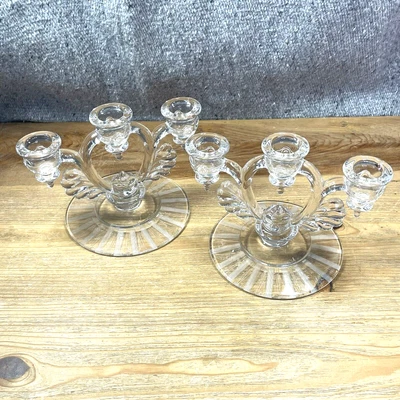 $52 • Buy Candelabra Crystal Triple Candlestick Holders Martinsville Moondrops Vtg. Pair