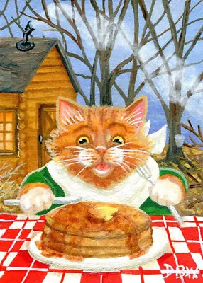 ACEO Original Miniature Art Painting Animal Ginger Orange Cat Food Whimsical Fun • $41
