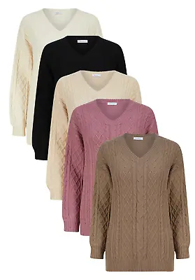 Yessica Ladies V Neck Cable Jumper Warm Heavy Knit Brown Cream Black • £12.95