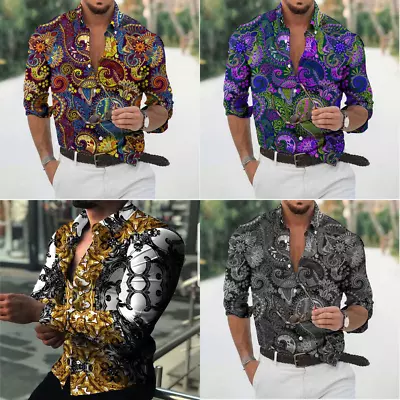 Down Collar Shirt Men Print Vintage Luxury Print Long Sleeve Slim Shirts Mens • $28.99