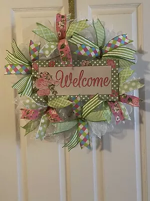 Welcome Lime Green And Pink Spring Wreath • $40