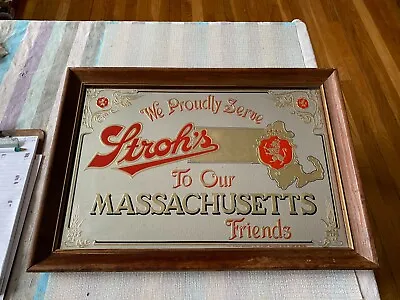 Vintage Glass  Stroh's Beer  Wood Framed Bar Mirror 21.5  X 14.75  • $14.99