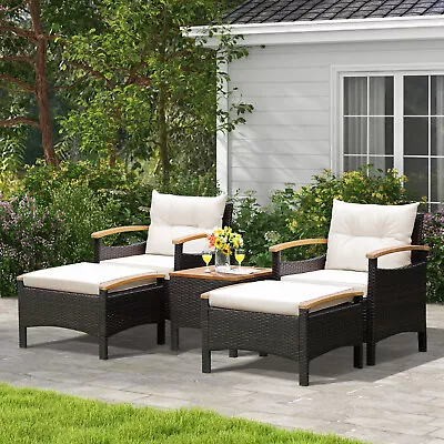 Patiojoy Patio 5PCS Rattan Furniture Set Sofa Ottoman Cushioned Table W/Wood Top • $309.99