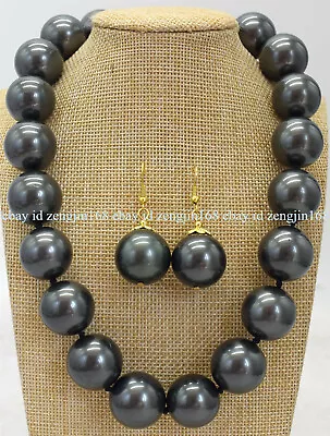 Huge 14/16/18/20mm South Sea Black Shell Pearl Round Beads Necklace Earrings Set • $27.59